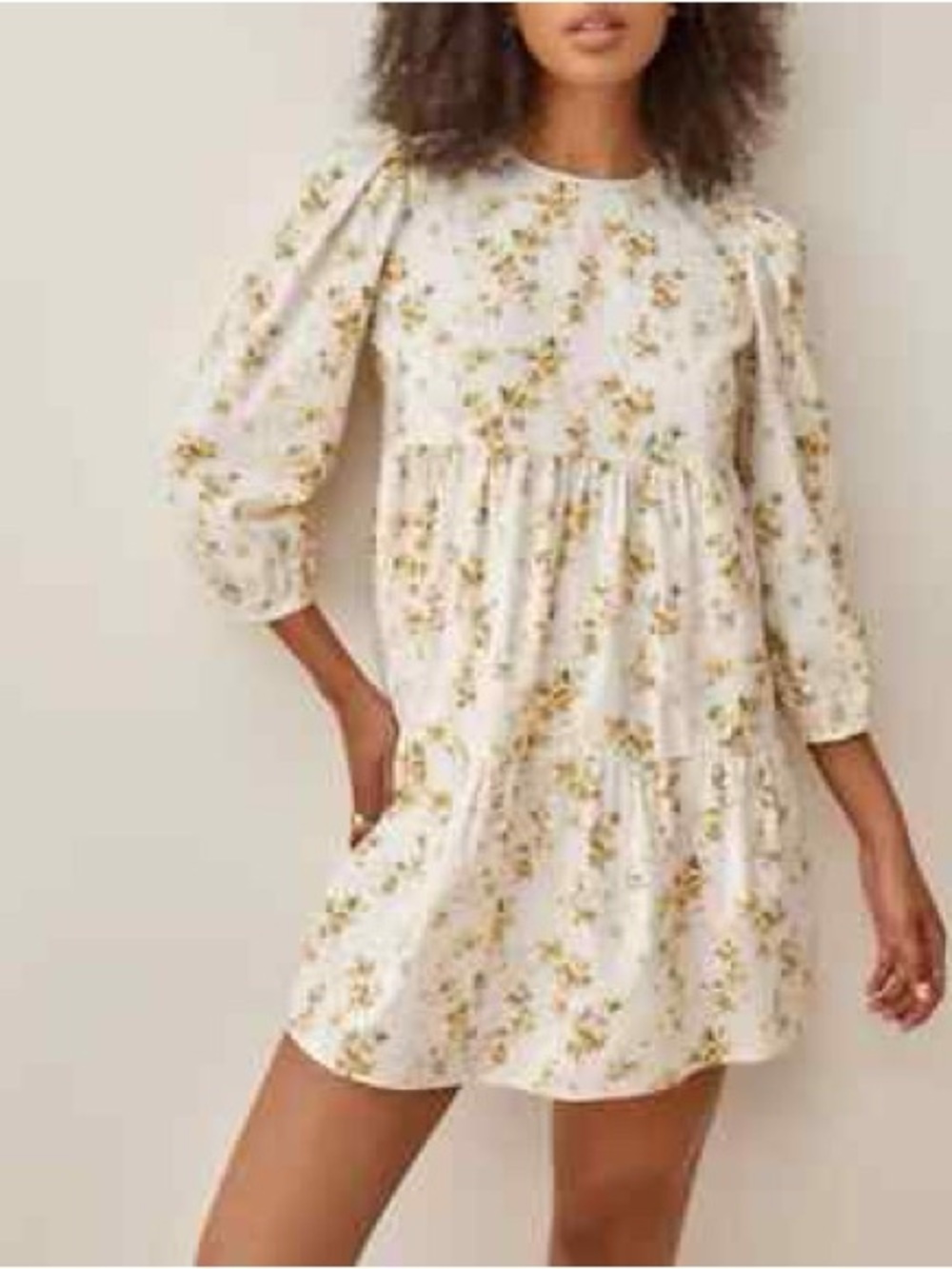 Reformation Cream Floral Puff-Sleeve Tiered Dress